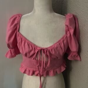 SHEIN Sweetheart Tie Front Ruffle Trim Crop Top S Barbiecore Bubblegum Festival